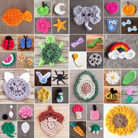 Crochet Appliques Pattern Bundle, PDF Digital Download, 40 Patterns for Animals, Flowers, and More
